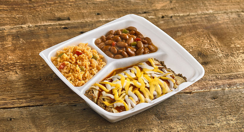 Enchiladas, Rice and Beans on Plate